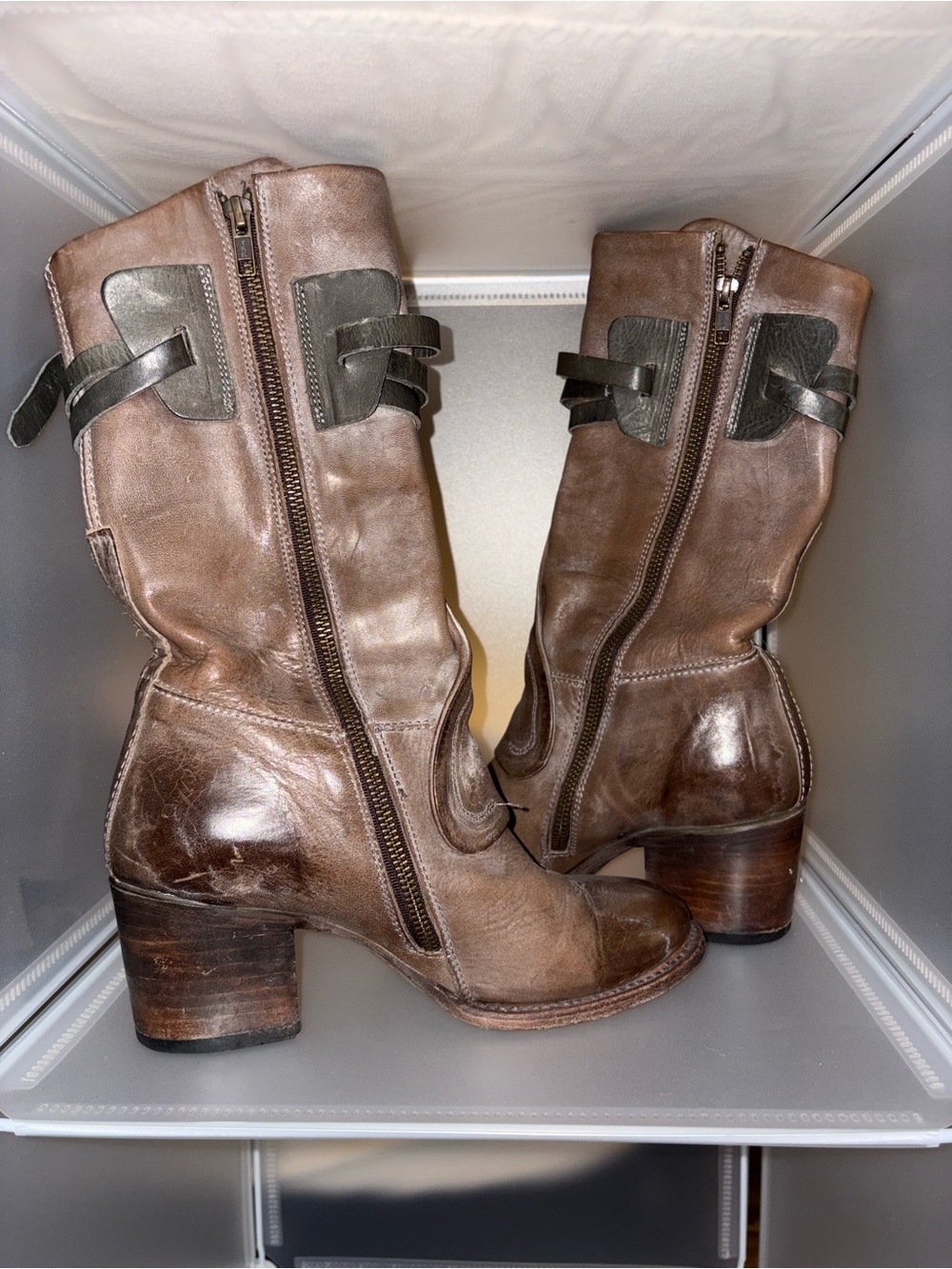 Freebird by Steven Distressed Brown Leather Mid-Calf Heeled Boots - Picture 3 of 5